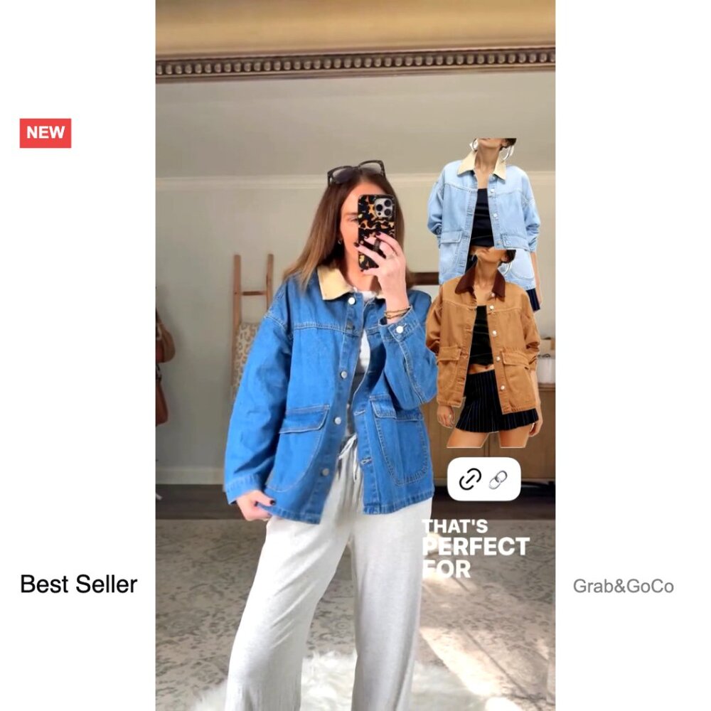 Oversized Denim Barn Jacket Retro Y2K Chic Button Down Big Pockets - Picture 6 of 7